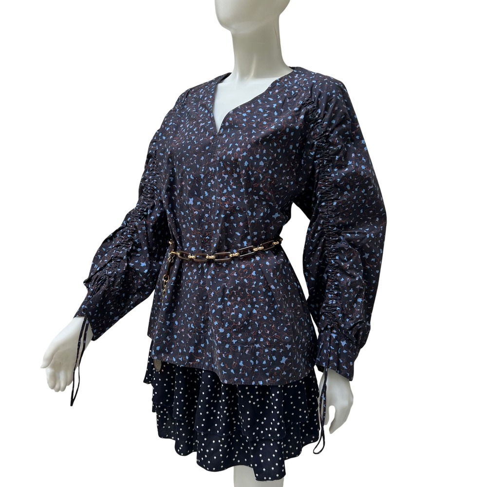 COS‎ Cotton V-Neck Blouse Sz 12 Navy Blue Rushed Abstract Print Office Siren